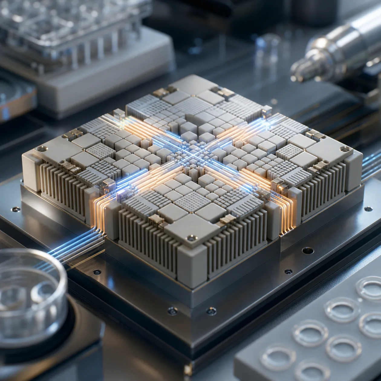 Illustration for Google TPU: ceramic AI processor with glowing tensor paths