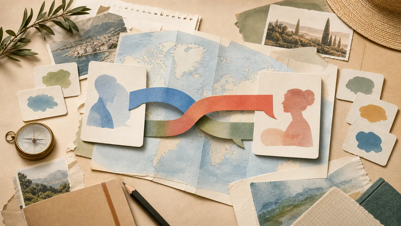Illustration for Google Translate: abstract language cards and travel maps forming a translation flow