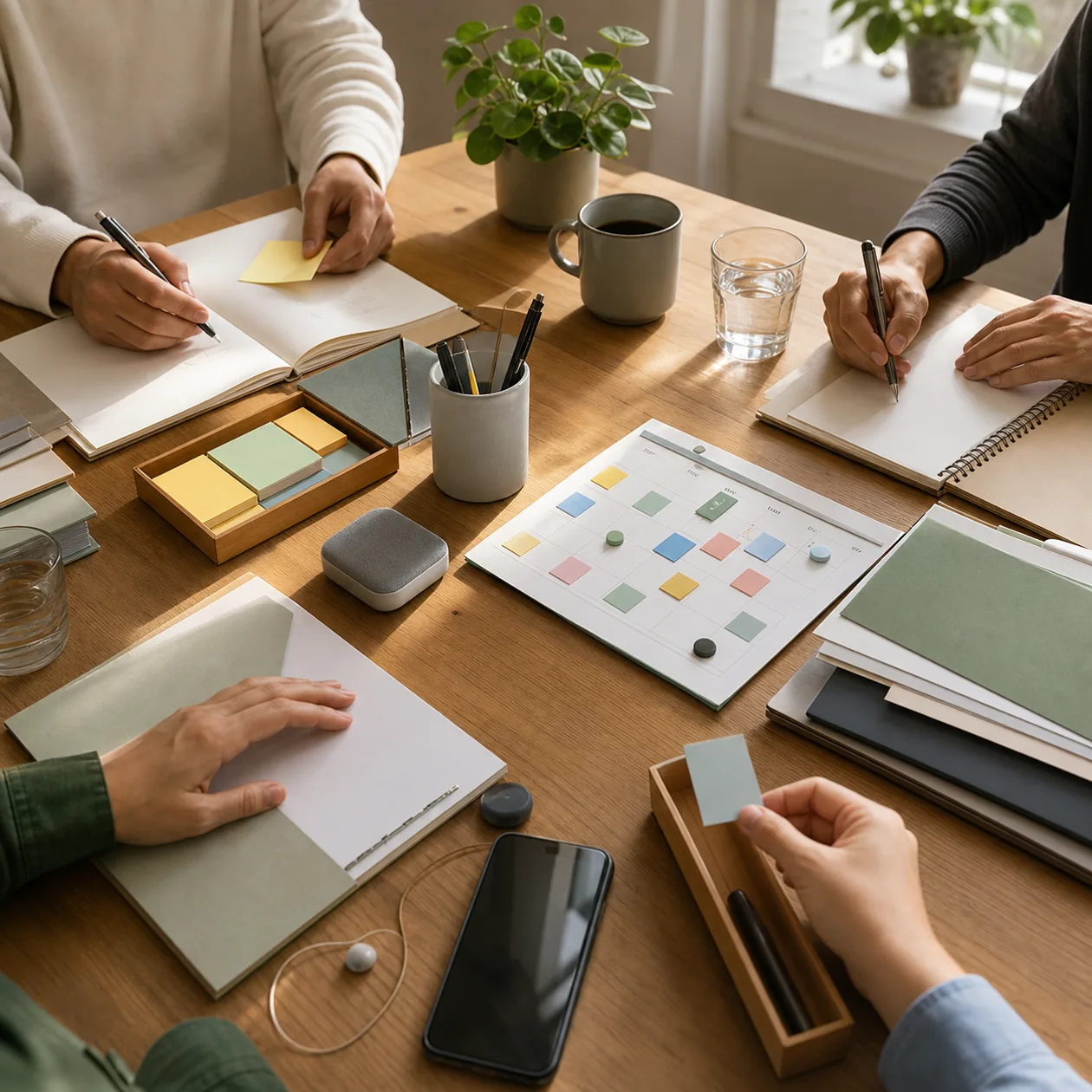 Illustration for Google Workspace: collaborative work table with documents, cards and coordination objects