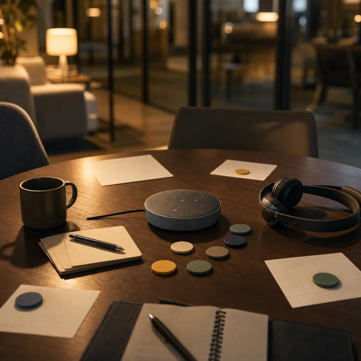 Illustration for GoToMeeting: hybrid meeting table with speaker device and note cards