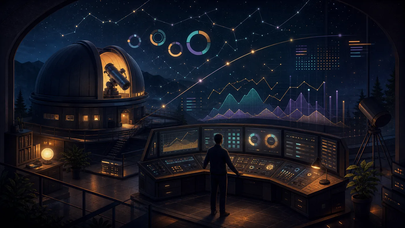 Illustration for Grafana: data constellations glowing above an observability control room