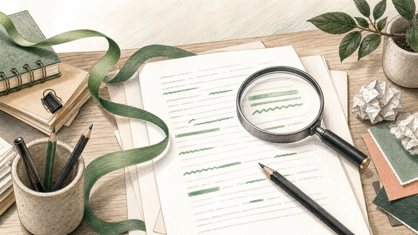 Illustration for Grammarly: a writing desk with a green correction ribbon and calm text review