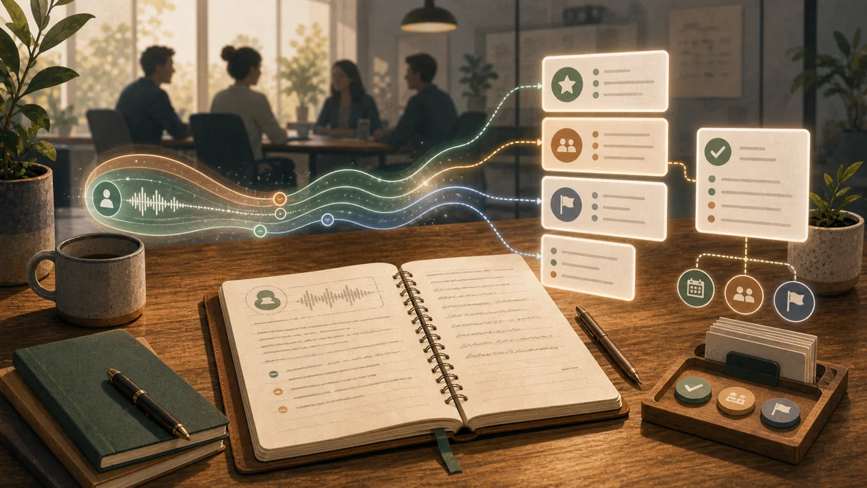 Illustration for Granola: meeting notebook gathers speech waves, decisions and tasks