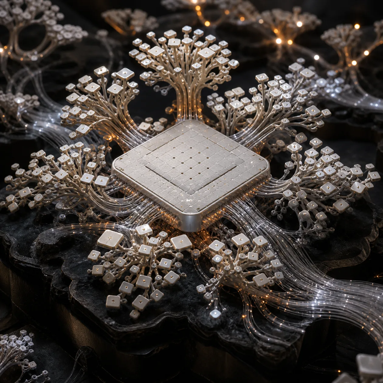 Illustration for Graphcore IPU: processor garden of compute tiles and fiber connections
