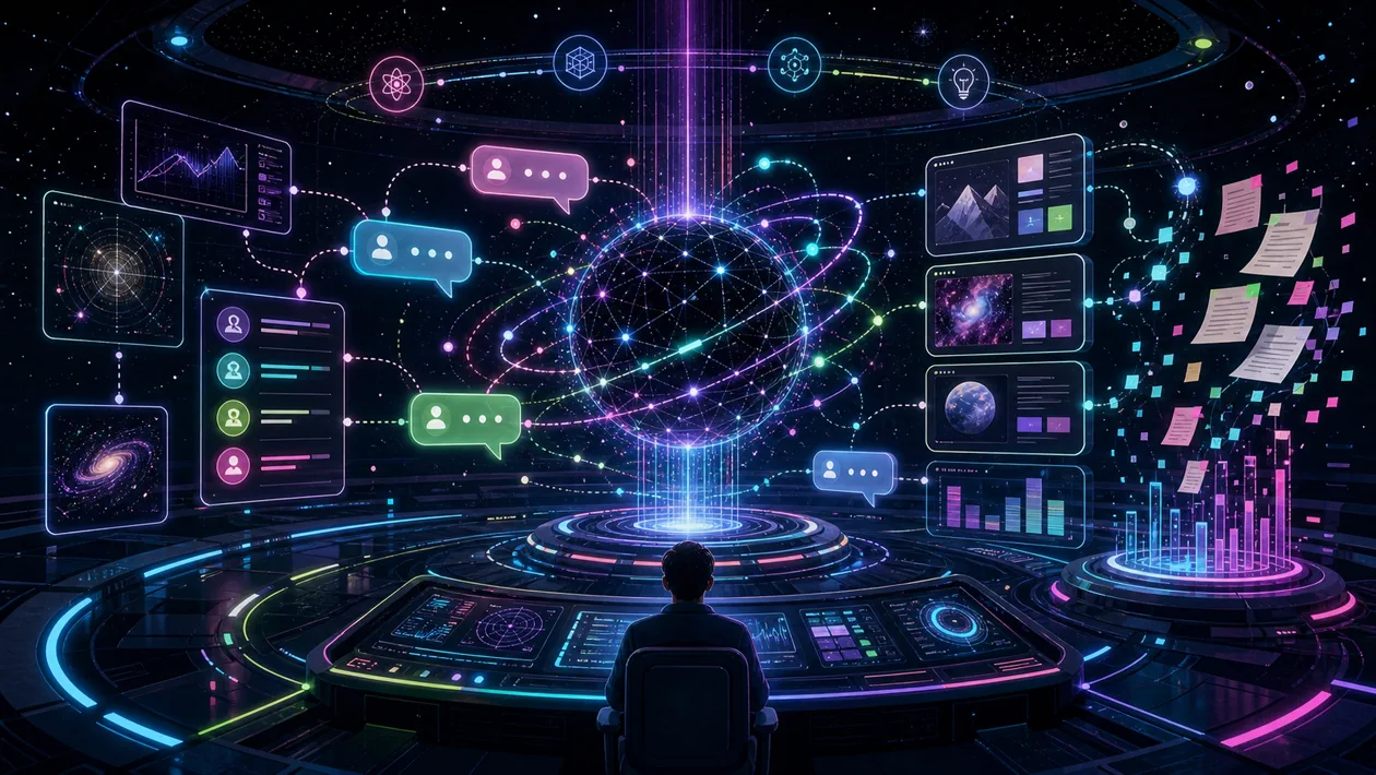 Illustration for Grok: cosmic conversation cockpit explores questions, context and source fragments