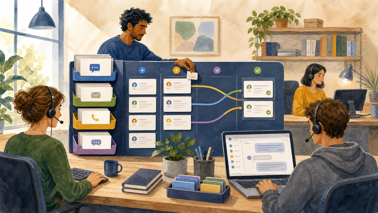 Illustration for Groove: support team sorts customer requests, tickets, and response paths