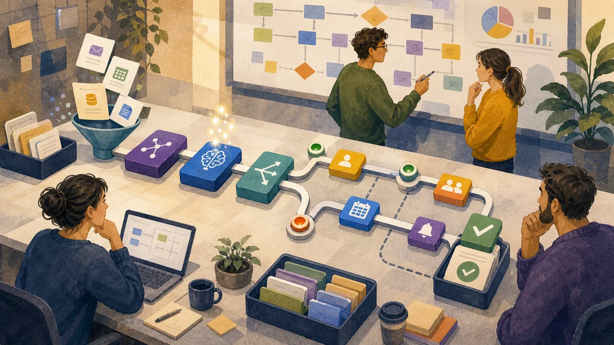 Illustration for Gumloop: no-code workflow with AI steps, approvals, and output checks