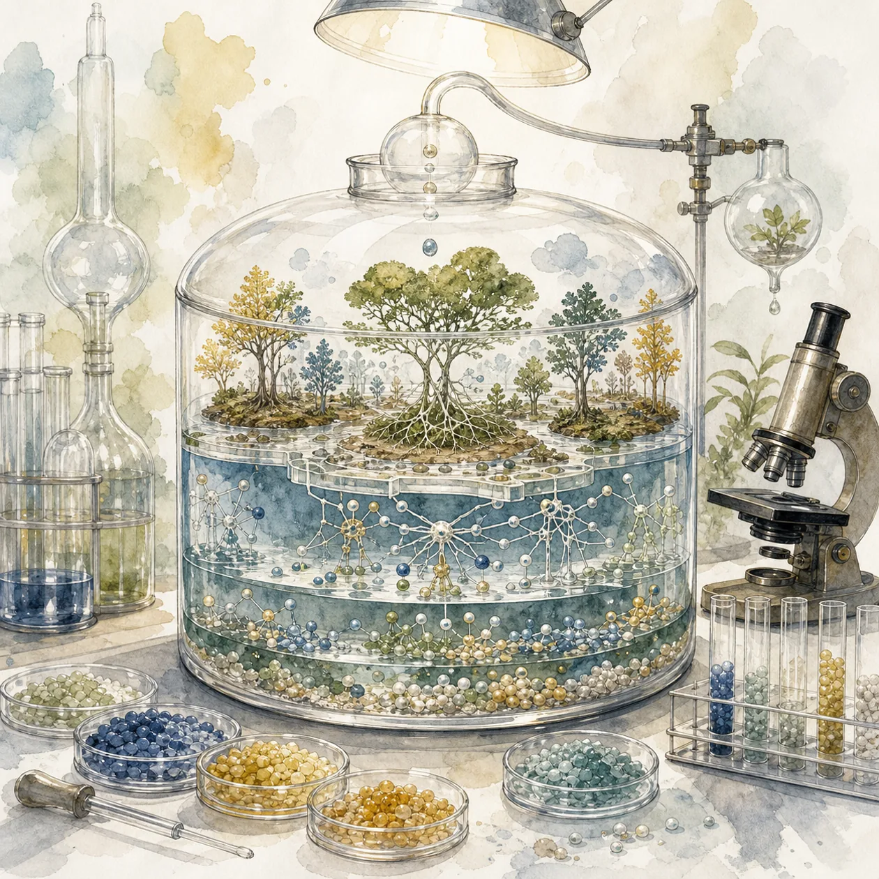 Illustration for H2O.ai: machine learning terrarium with water layers and model trees