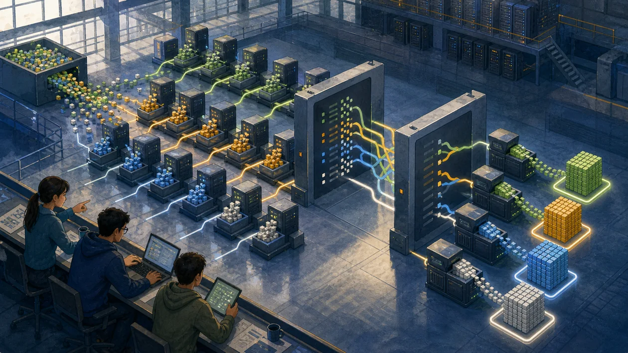 Illustration for Hadoop MapReduce: distributed data processing with parallel worker nodes and result stacks
