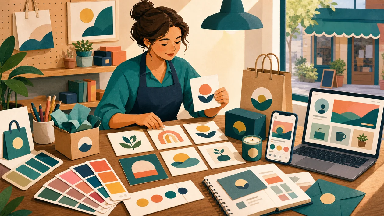 Illustration for Hatchful by Shopify: small brand kit forms from color boards, symbol ideas, and shop materials