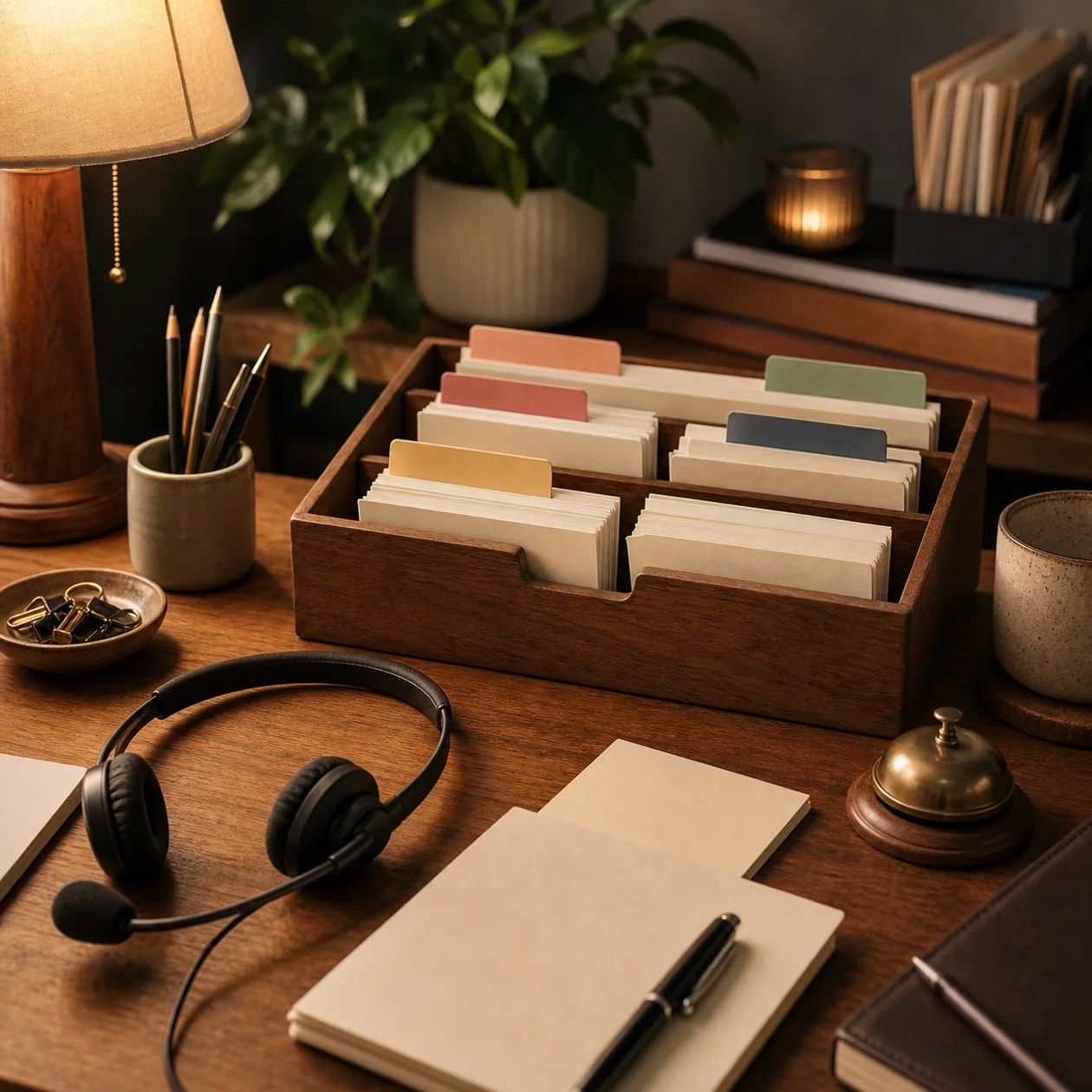 Illustration for Help Scout: support desk with inbox trays, headset and customer cards