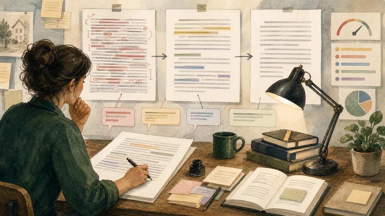 Illustration for Hemingway Editor: manuscript becomes clearer through focused editing steps