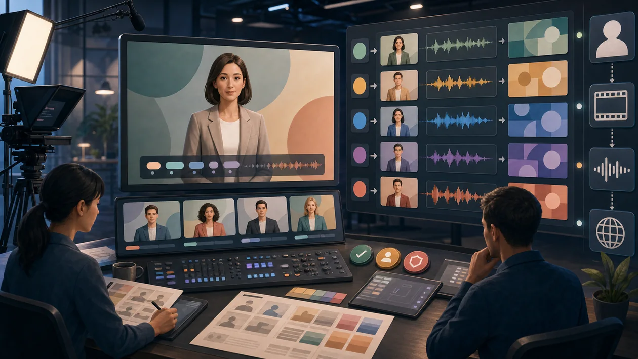 Illustration for HeyGen: avatar video production with storyboard, language tracks, and approval flow