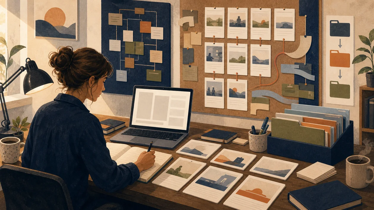 Illustration zu Highland: Schreibstudio ordnet Szenen, Entwuerfe und Drehbuchstruktur