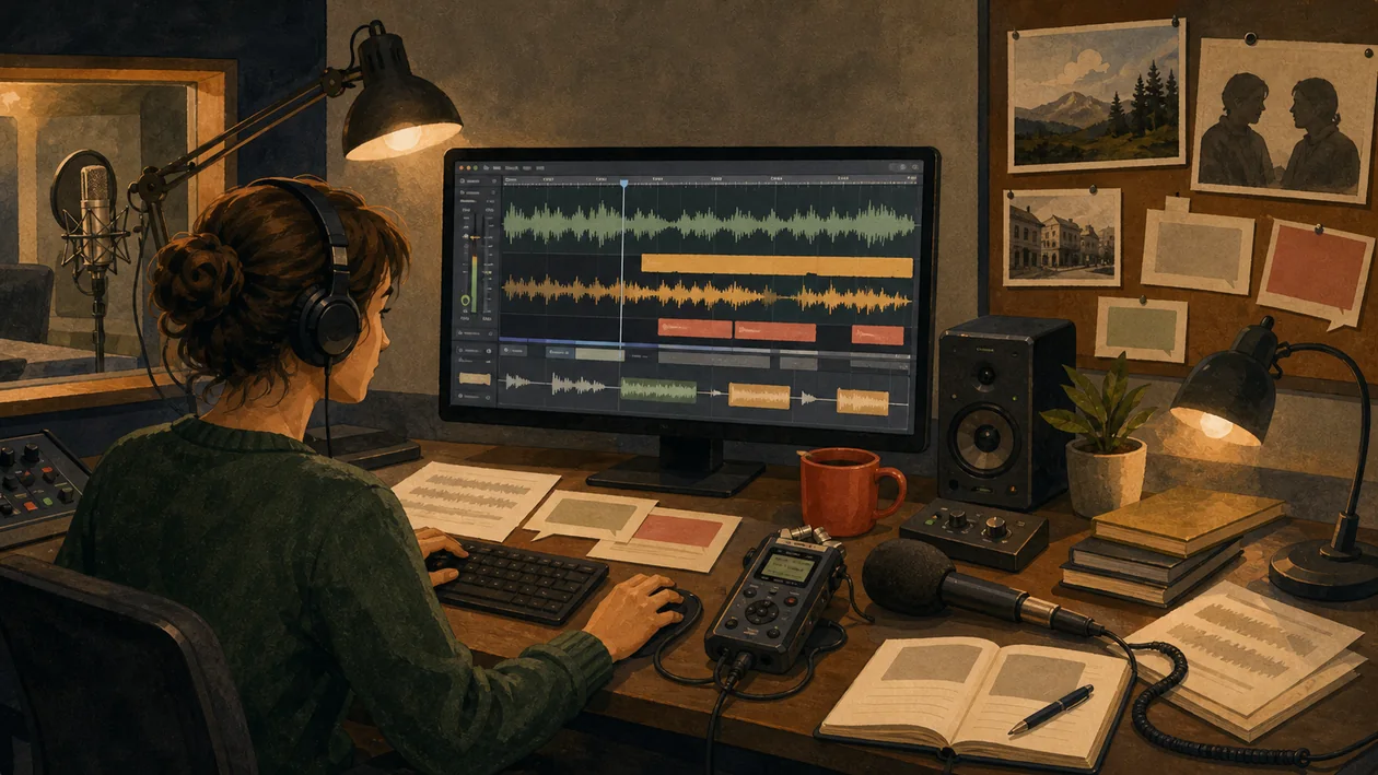Illustration for Hindenburg Journalist: audio newsroom edits interview tracks and story timeline