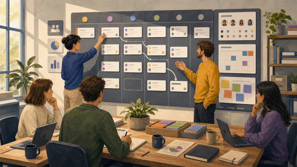 Illustration for Hive: project team plans tasks, dependencies, and handoffs on a work wall