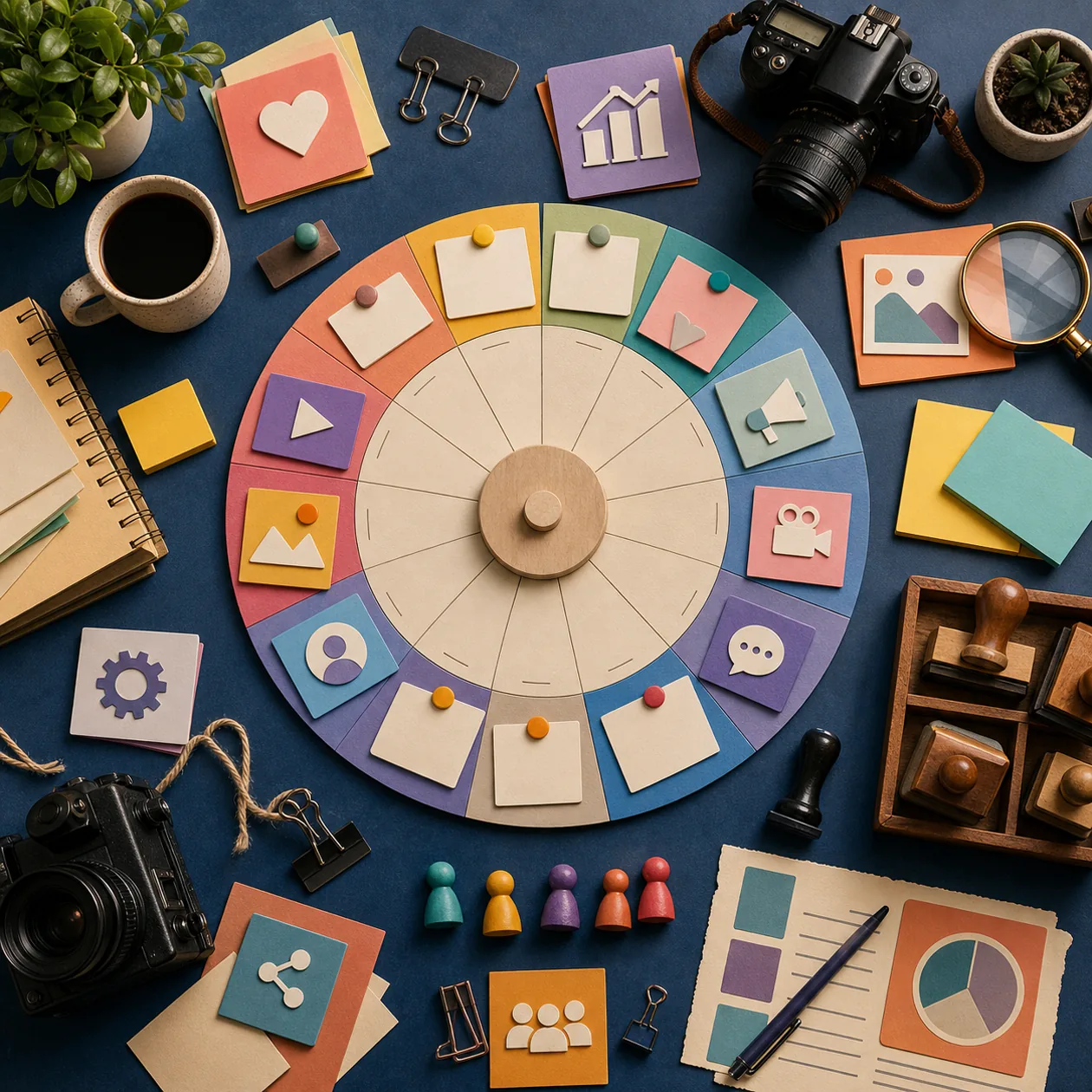 Illustration for Hootsuite: social media planning as a paper calendar with content tiles