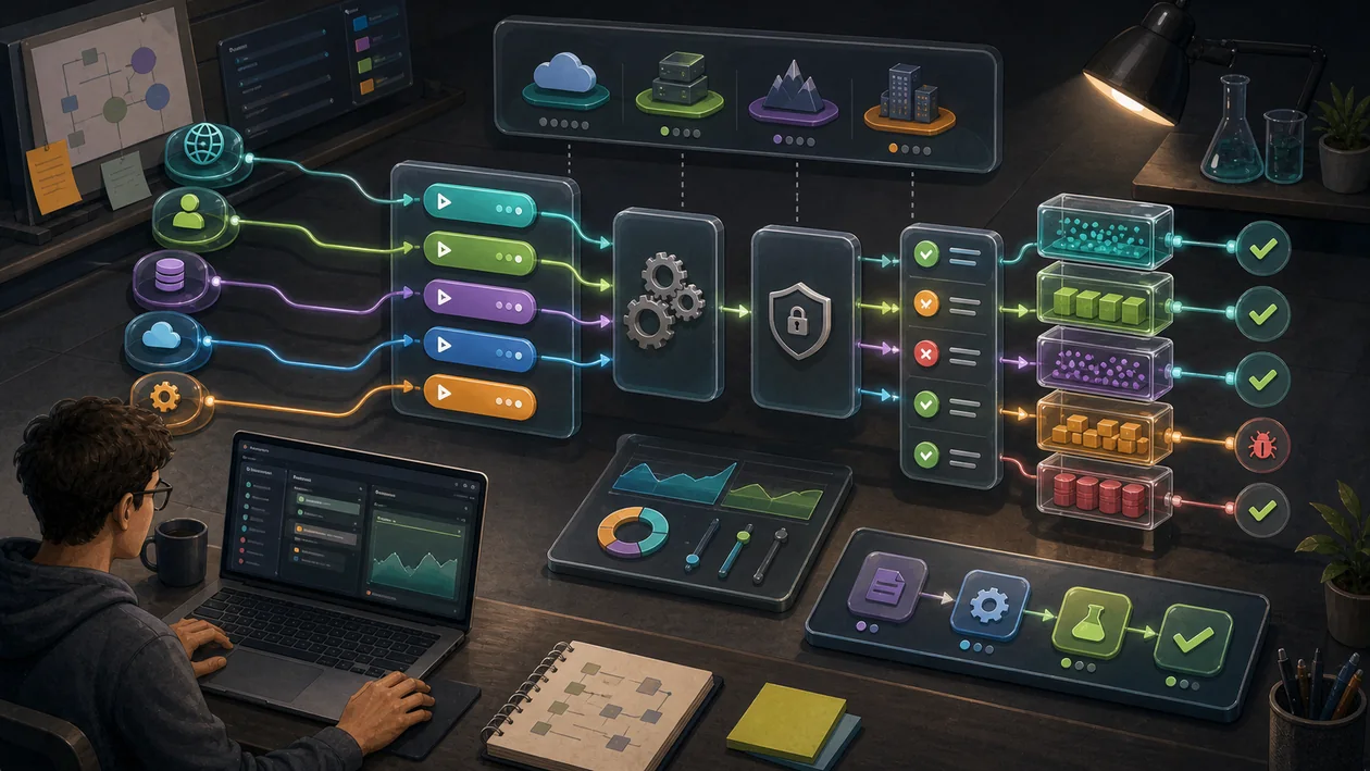 Illustration for Hoppscotch: API requests move through test nodes, response containers, and check paths