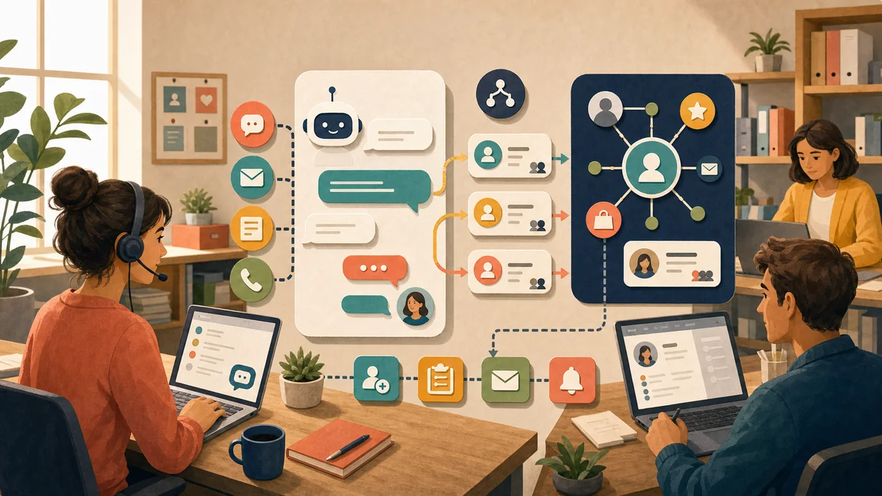 Illustration for HubSpot Chatbot: chatbot flows connect customer requests, contact cards, and support handoffs