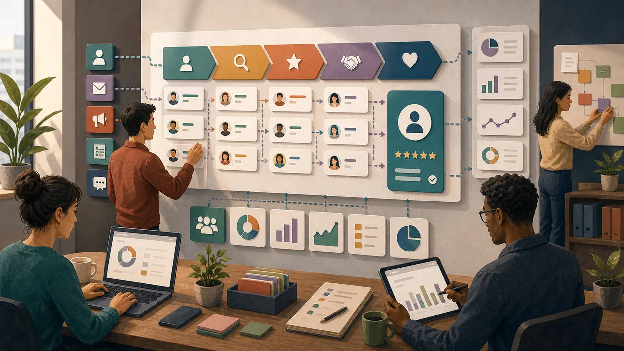 Illustration for HubSpot CRM: contacts, pipeline stages, and follow-up in a CRM workspace