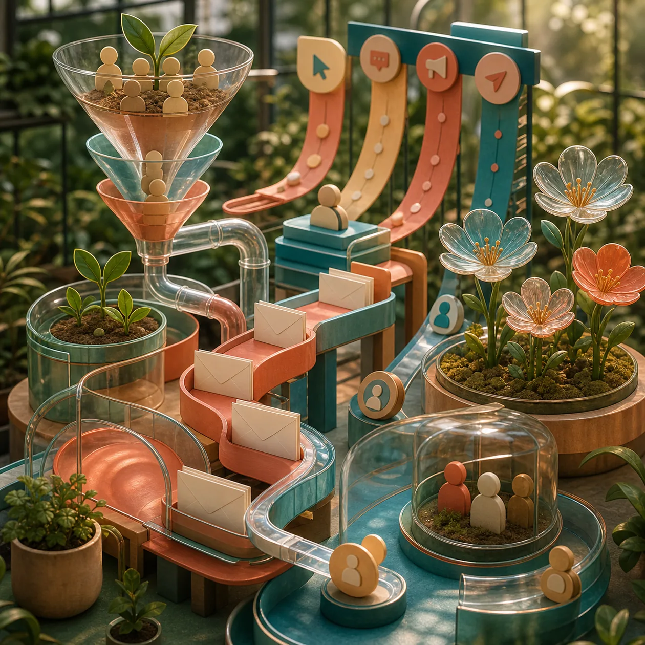 Illustration for HubSpot Marketing Hub: marketing greenhouse with lead funnels and campaign paths