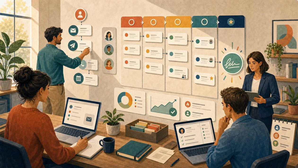 Illustration for HubSpot Sales: sales team manages outreach, deal stages, and follow-ups