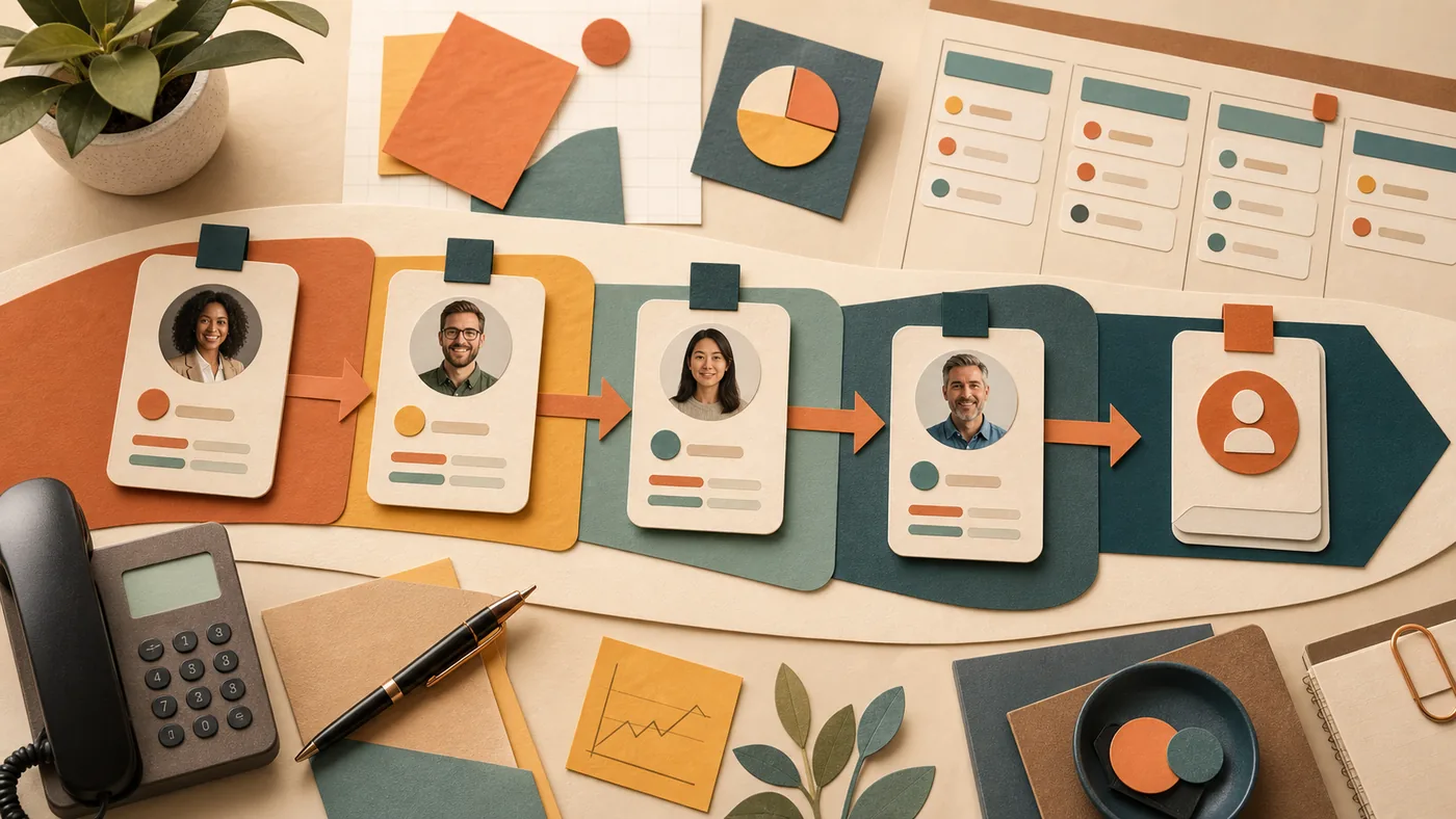 Illustration for HubSpot Sales Hub: contact cards and pipeline elements organizing a sales process