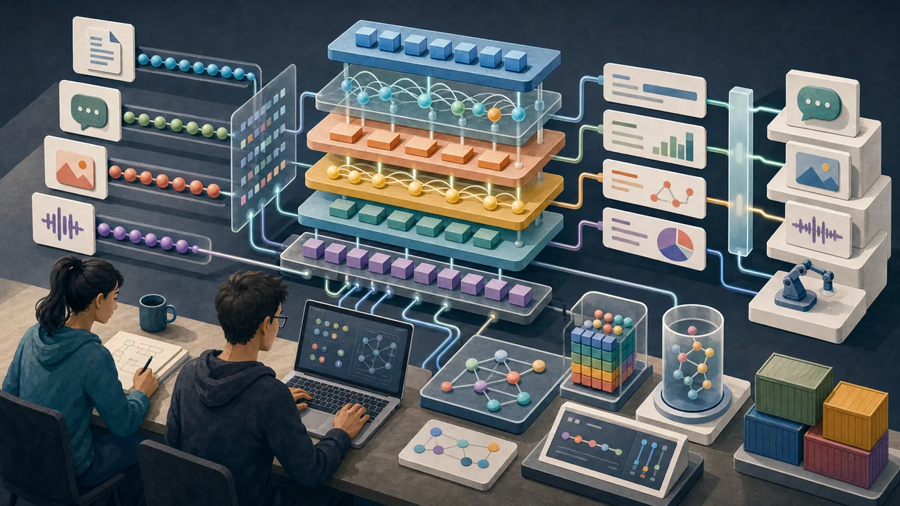 Illustration for Hugging Face Transformers: token streams and model modules assembled in an AI lab