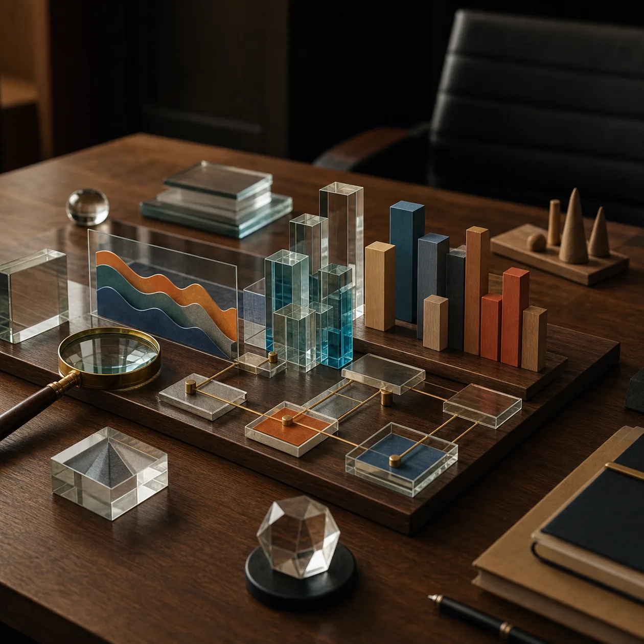 Illustration for IBM Cognos Analytics: analytics model of glass blocks and decision lenses