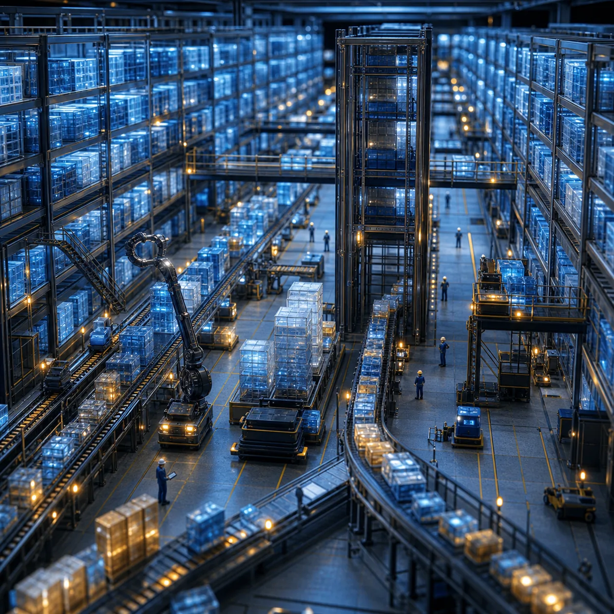 Illustration for IBM Db2 Warehouse: data warehouse as a miniature hall with translucent storage crates