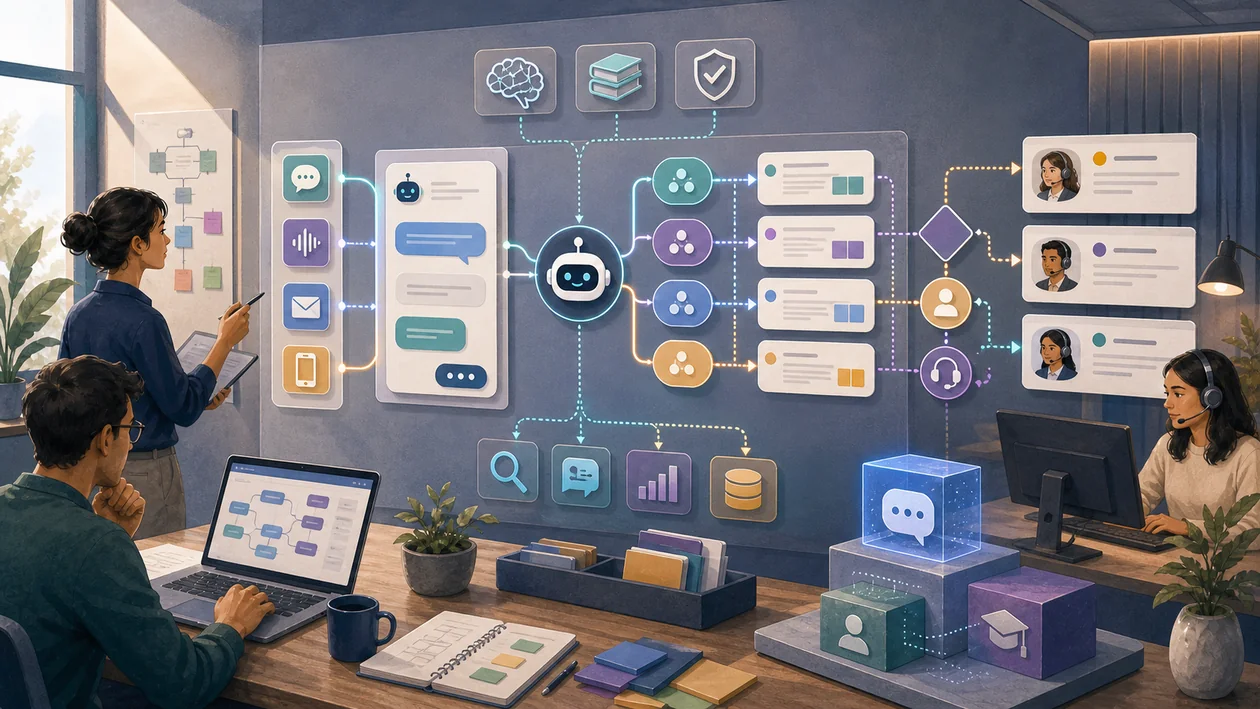Illustration for IBM Watson Assistant: dialogue map connects intents, channels, and support escalation