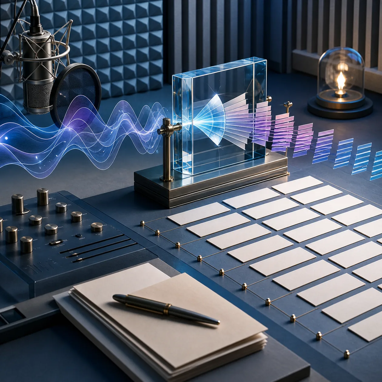 Illustration for IBM Watson Speech to Text: acoustic studio with sound ribbons and blank transcript tiles