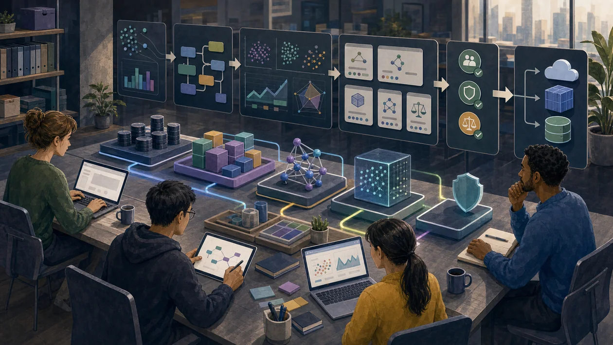 Illustration for IBM Watson Studio: data science studio with datasets, notebooks, and model approvals