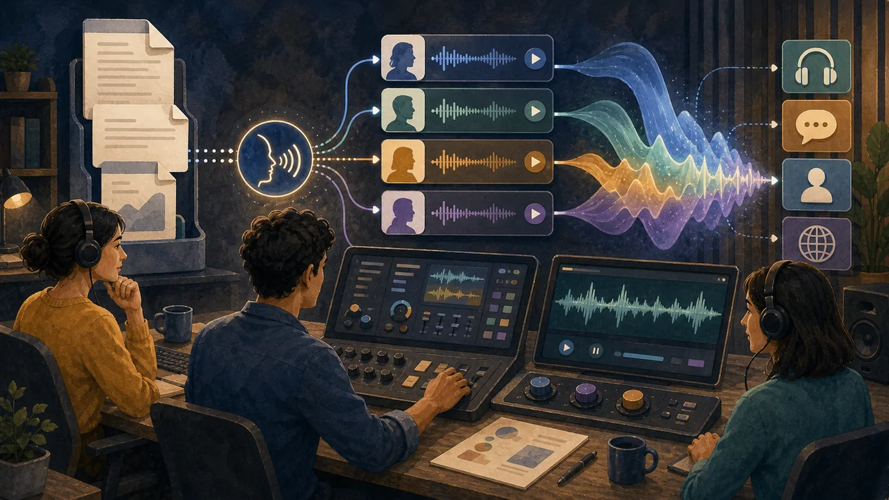 Illustration for IBM Watson Text to Speech: document pages turn into speech waves and audio review