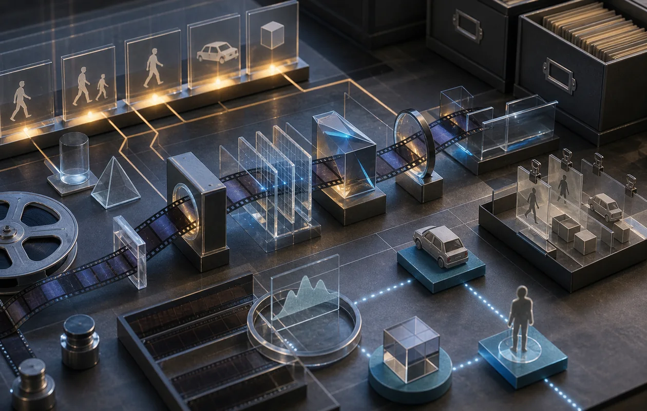 Illustration for IBM Watson Video Analytics: film strips pass through optical analysis stations