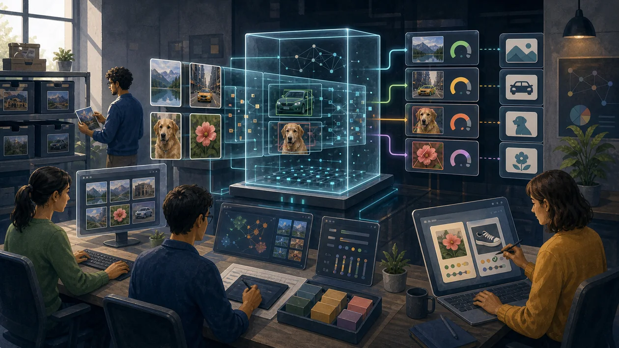 Illustration for IBM Watson Visual Recognition: image tiles pass through visual analysis and human review