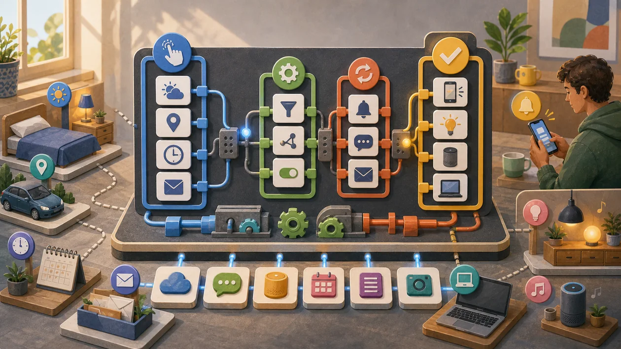 Illustration for IFTTT: triggers and actions connect apps, devices, and routines on an automation board