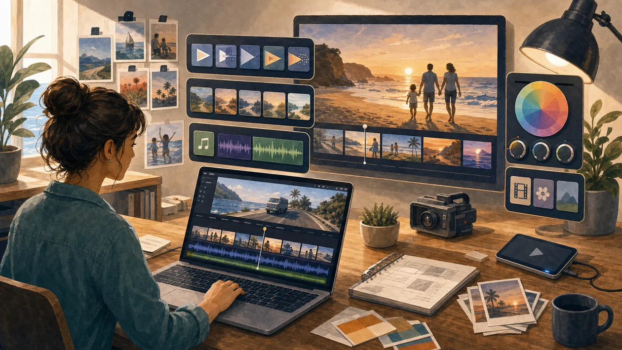Illustration for iMovie: video editing desk with clip strips, music tracks, and simple exports