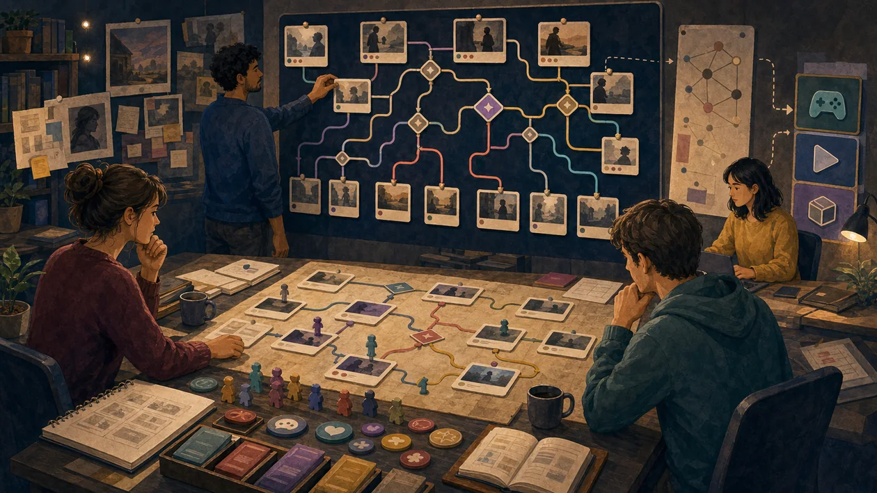 Illustration for Ink by Inkle: branching story paths, dialogue cards, and decision nodes