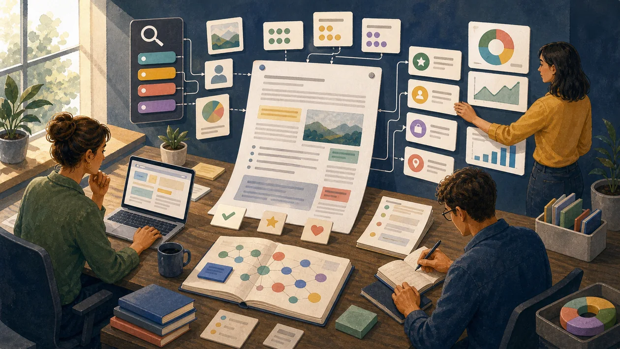 Illustration for Ink: SEO content desk organizes drafts, search intent, and optimization signals