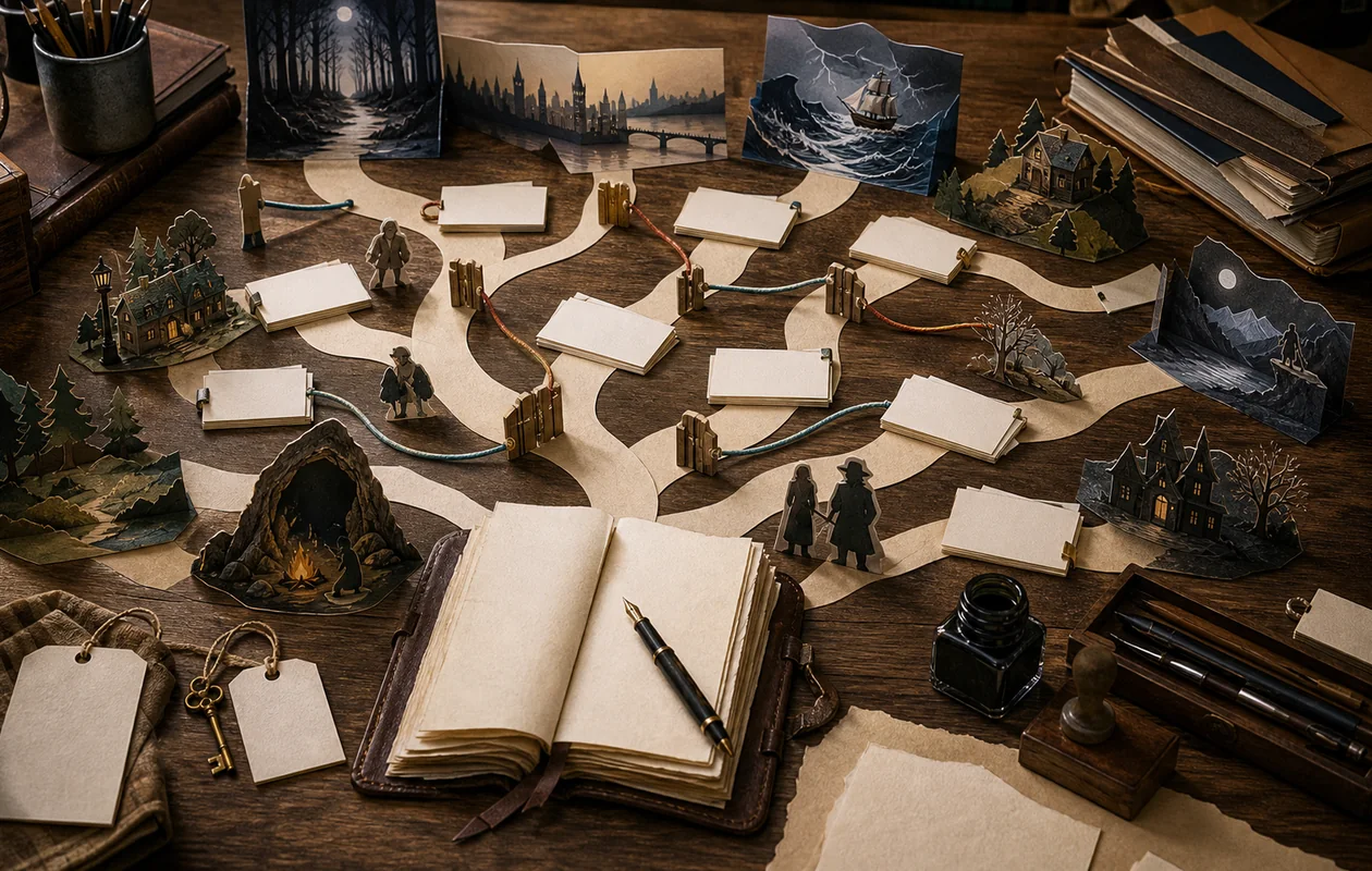 Illustration for Inklewriter: blank story cards branch into multiple narrative paths