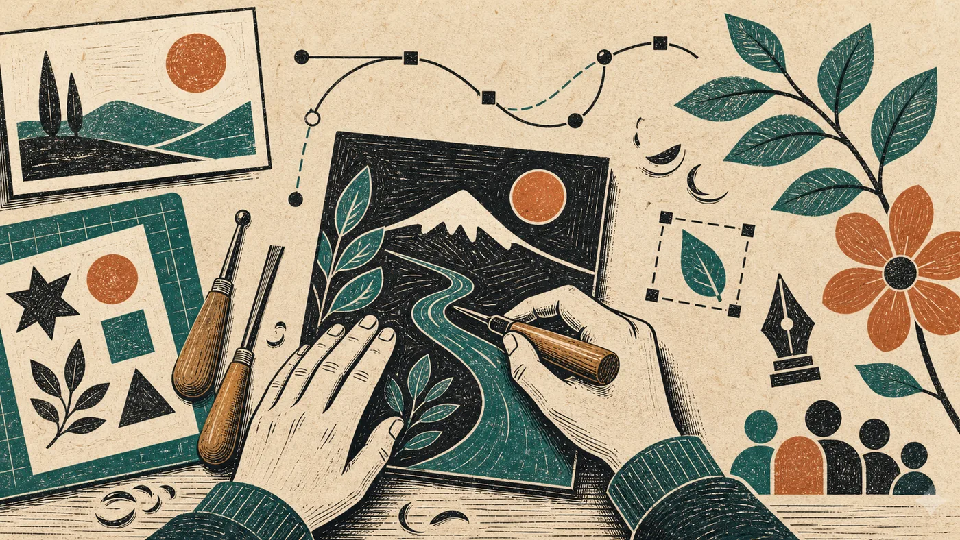 Illustration for Inkscape: open vector curves formed in a structured linocut workshop