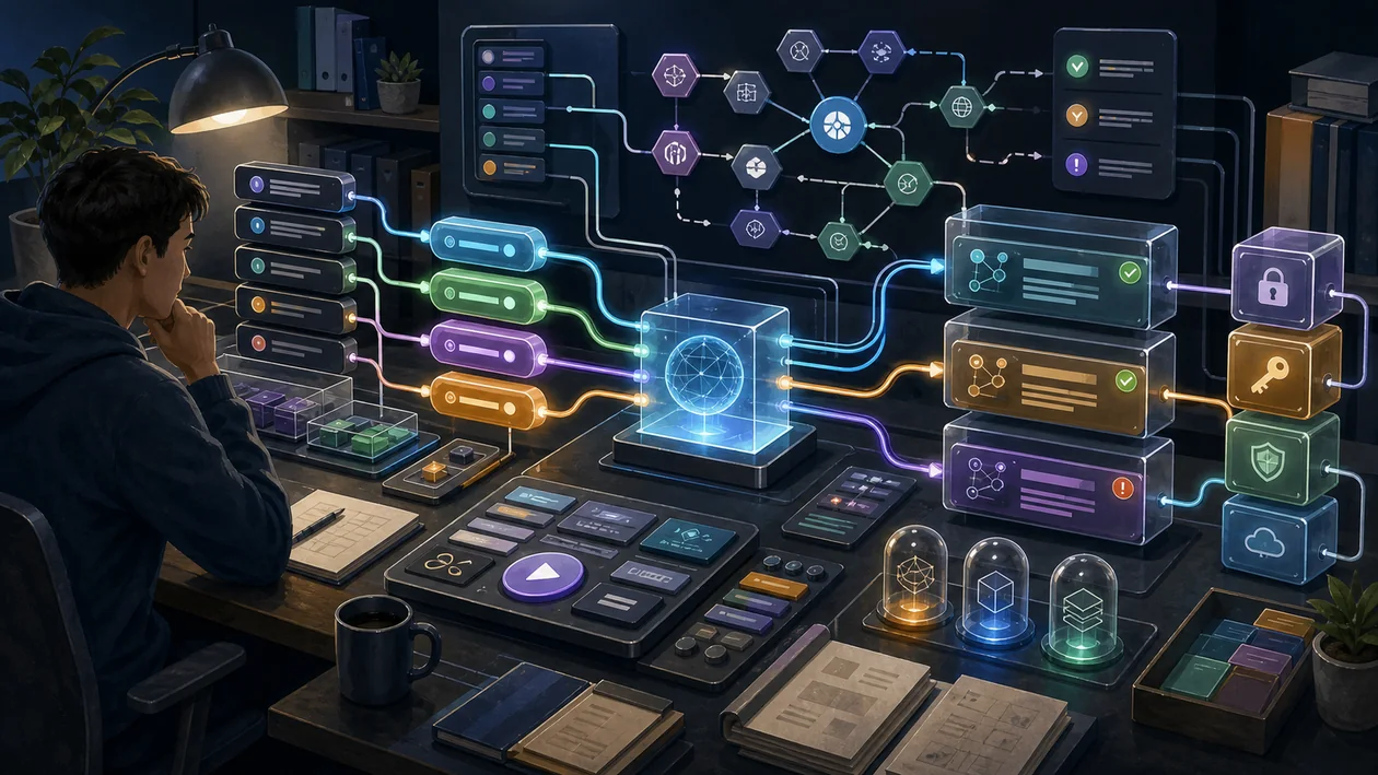 Illustration for Insomnia: API requests move through test nodes, response containers, and debug paths