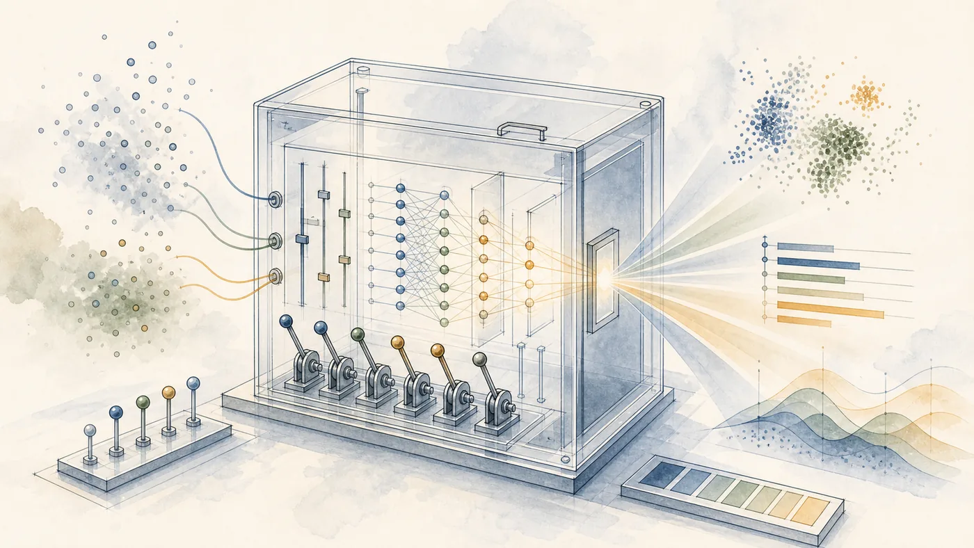 Illustration for InterpretML: a transparent model showing feature levers and explainable predictions