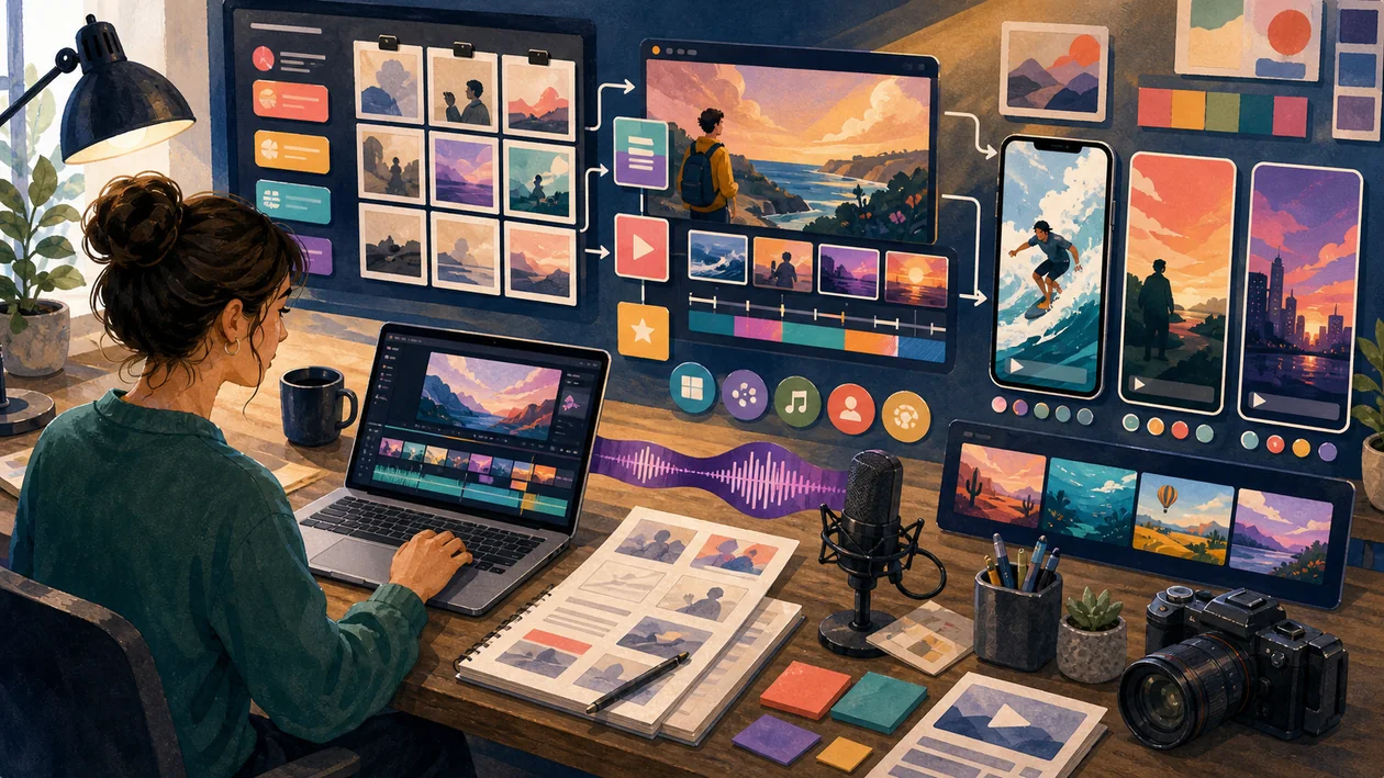 Illustration for InVideo: creator studio builds social videos from storyboards, scenes, and audio tracks