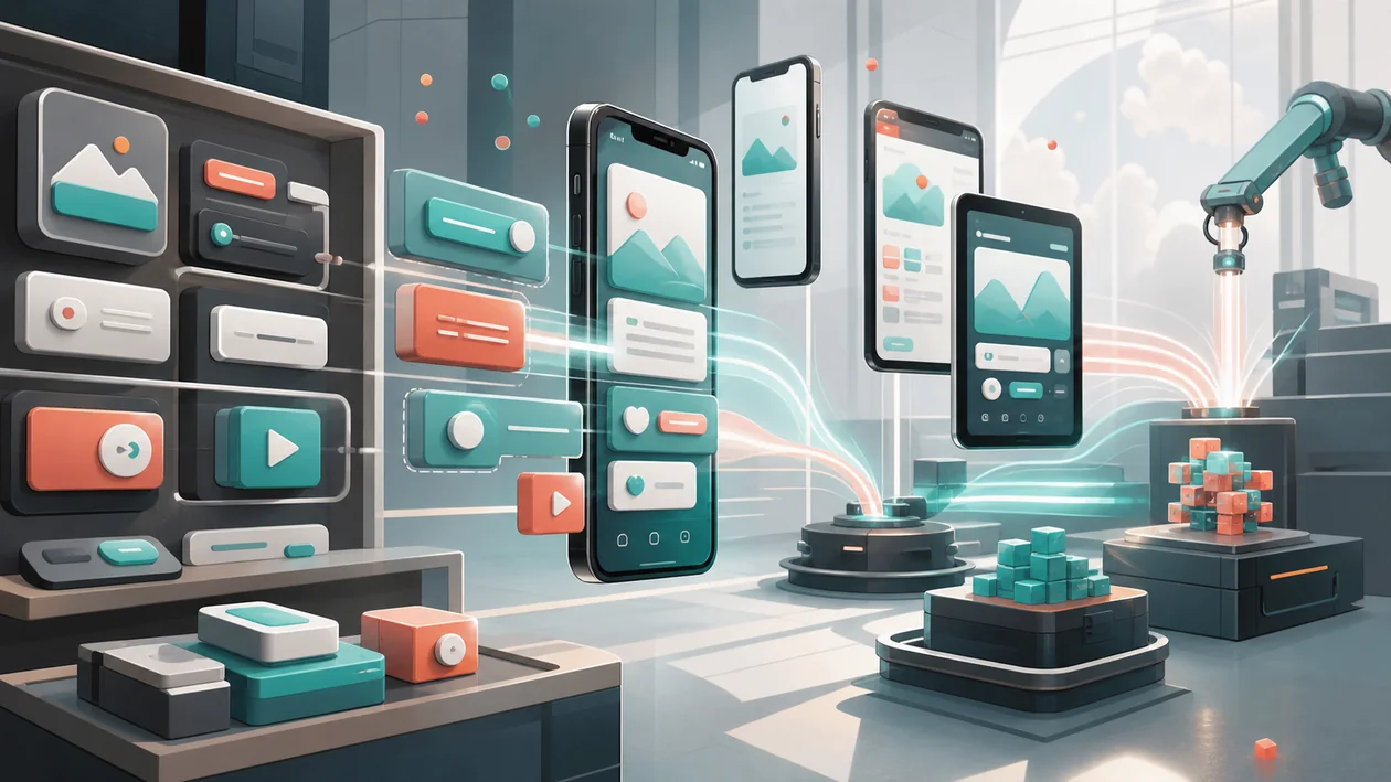 Illustration for Ionic: mobile app blocks connect web components, devices, and build paths