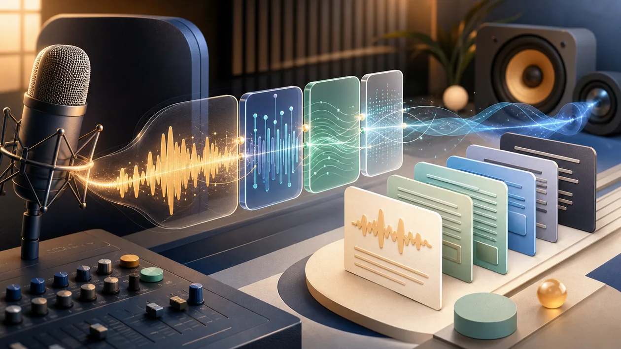 Illustration for iSpeech: speech services connect microphone, text cards, and audio waves