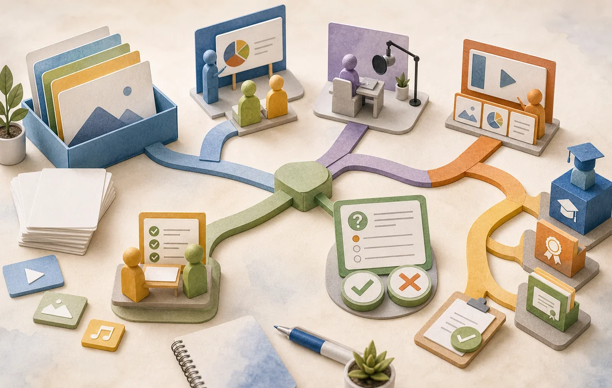Illustration for iSpring Suite: lesson modules, quiz stations, and slide cards form a course flow