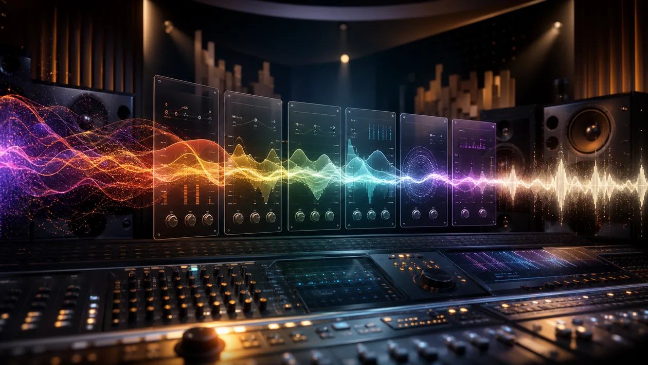 Illustration for iZotope Ozone: mastering studio balances frequencies, levels, and final mix