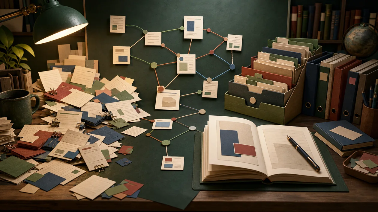 Illustration for JabRef: reference cards, BibTeX sources, and research notes are organized